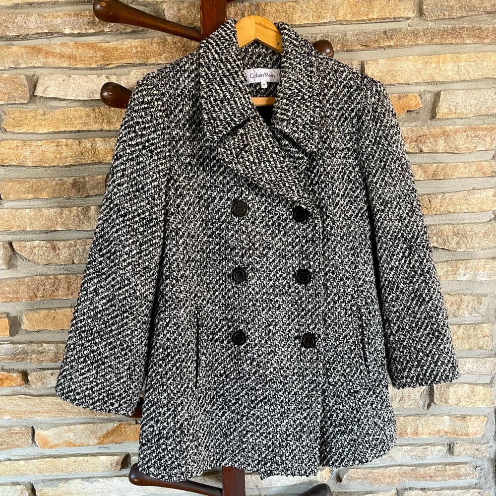 Calvin Klein Black Tweed Wool Blend Pea Coat Dbl Breasted Petite Sz 12P Jacket